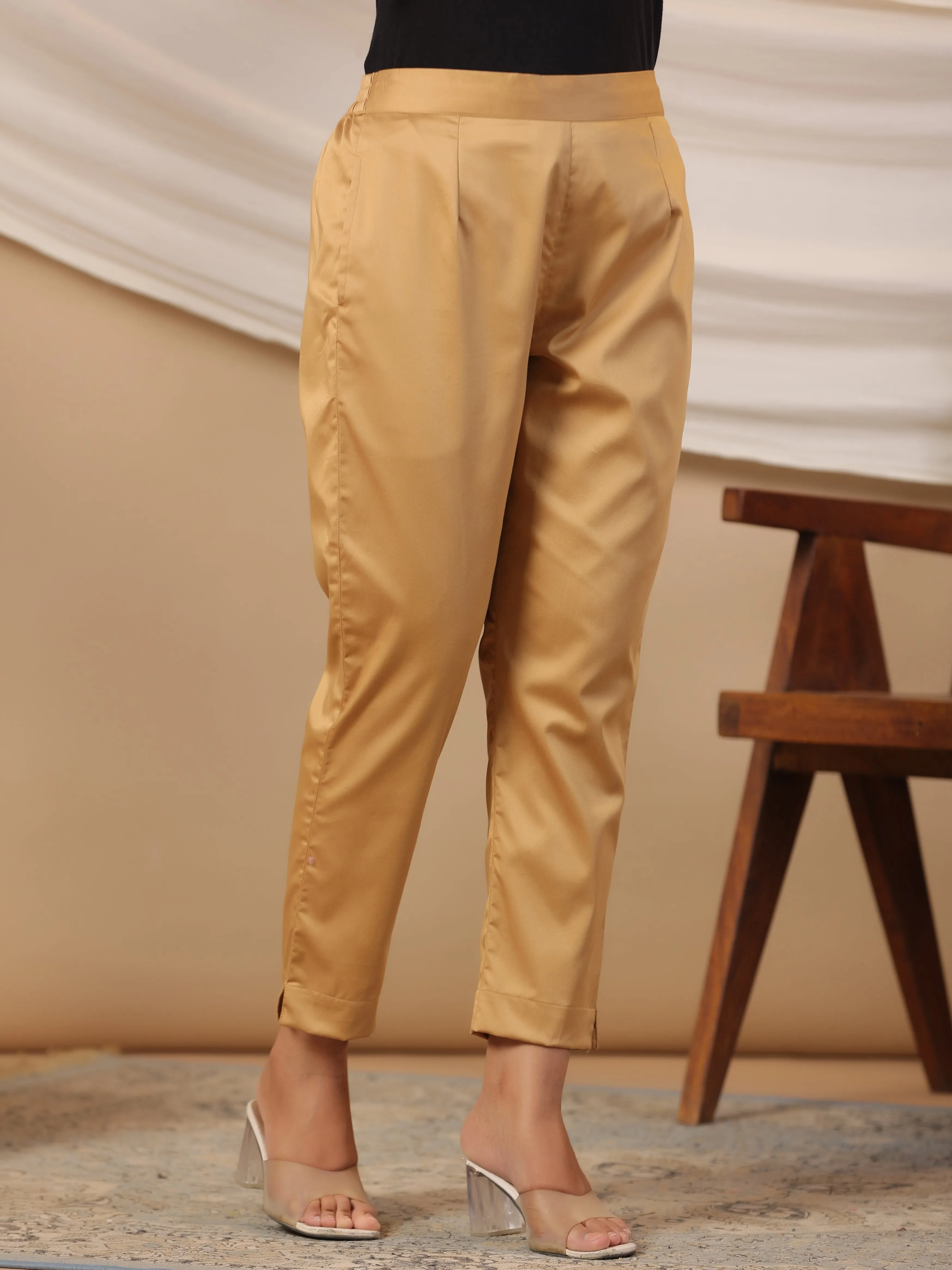 Women Gold Cotton Lycra Solid Pant