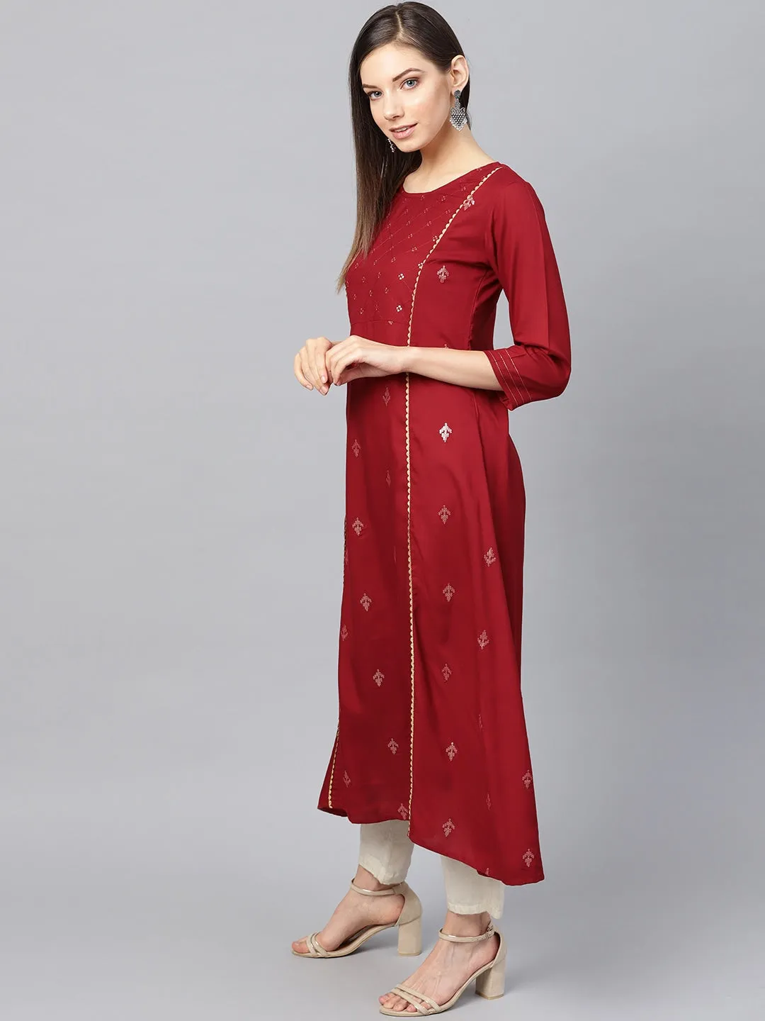 Women Maroon & Golden A-Line Kurta