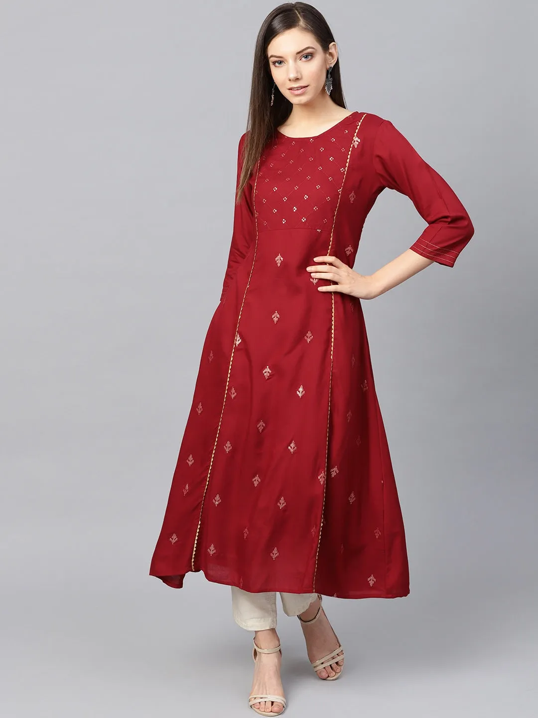 Women Maroon & Golden A-Line Kurta