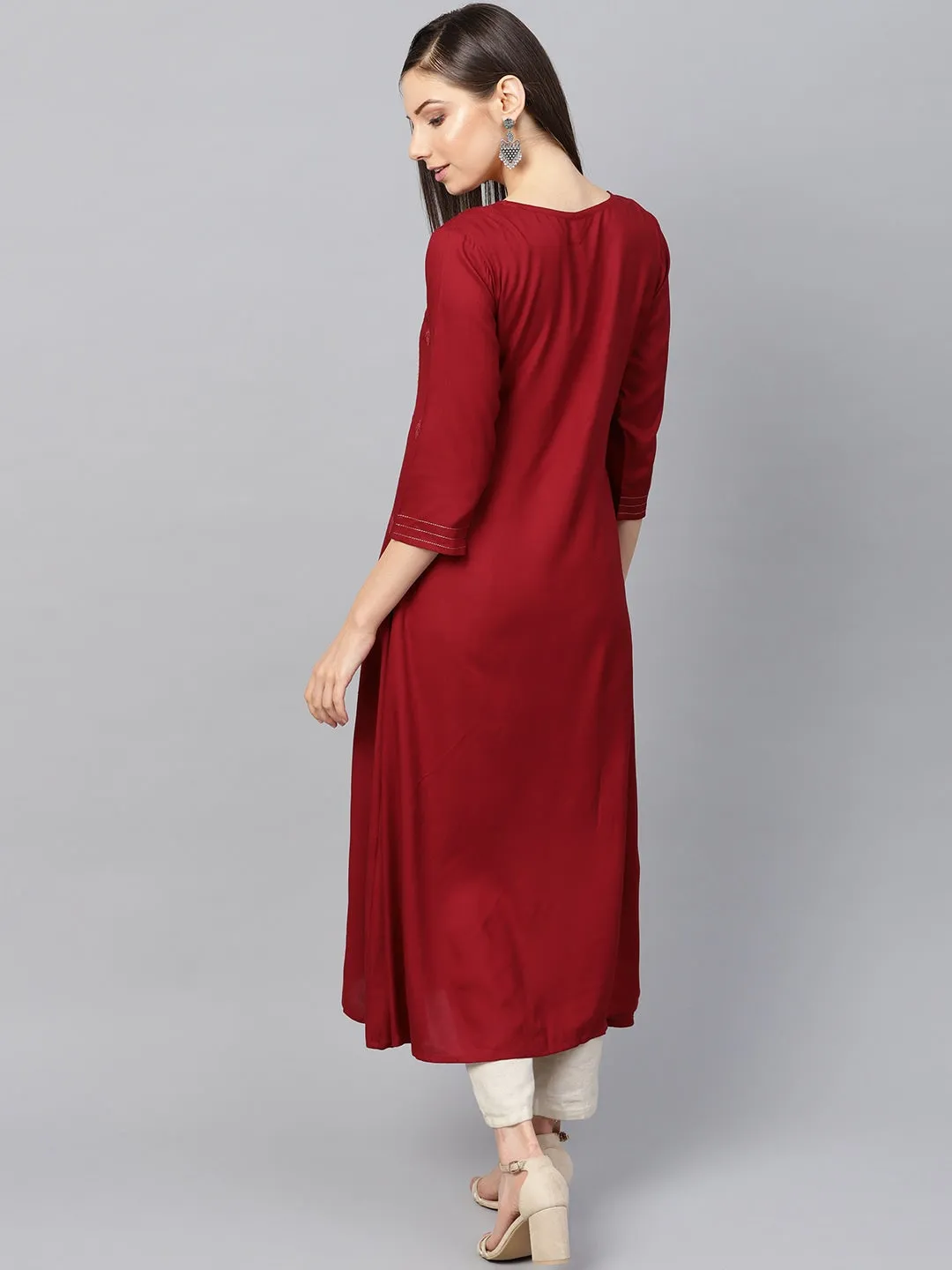 Women Maroon & Golden A-Line Kurta