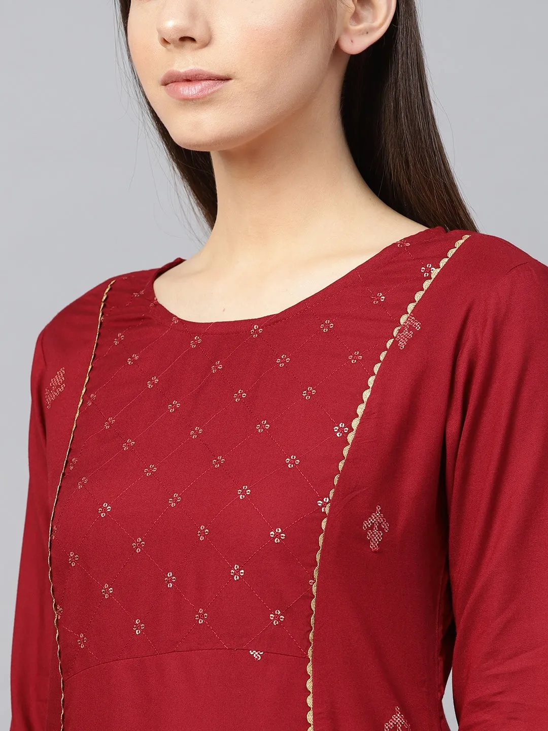 Women Maroon & Golden A-Line Kurta