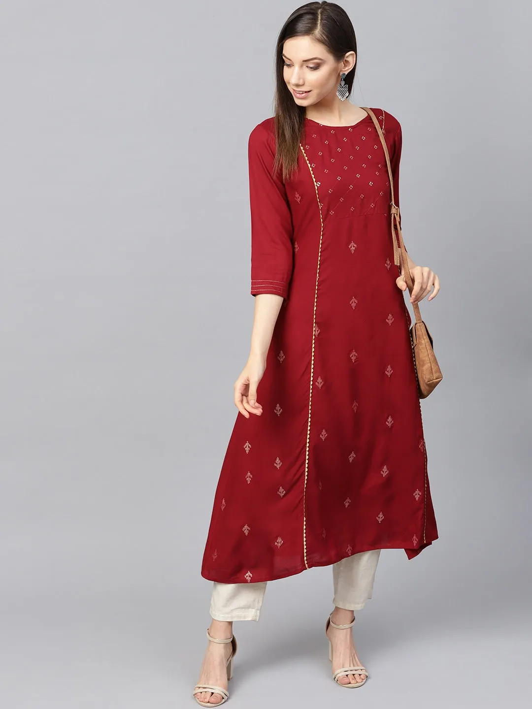 Women Maroon & Golden A-Line Kurta