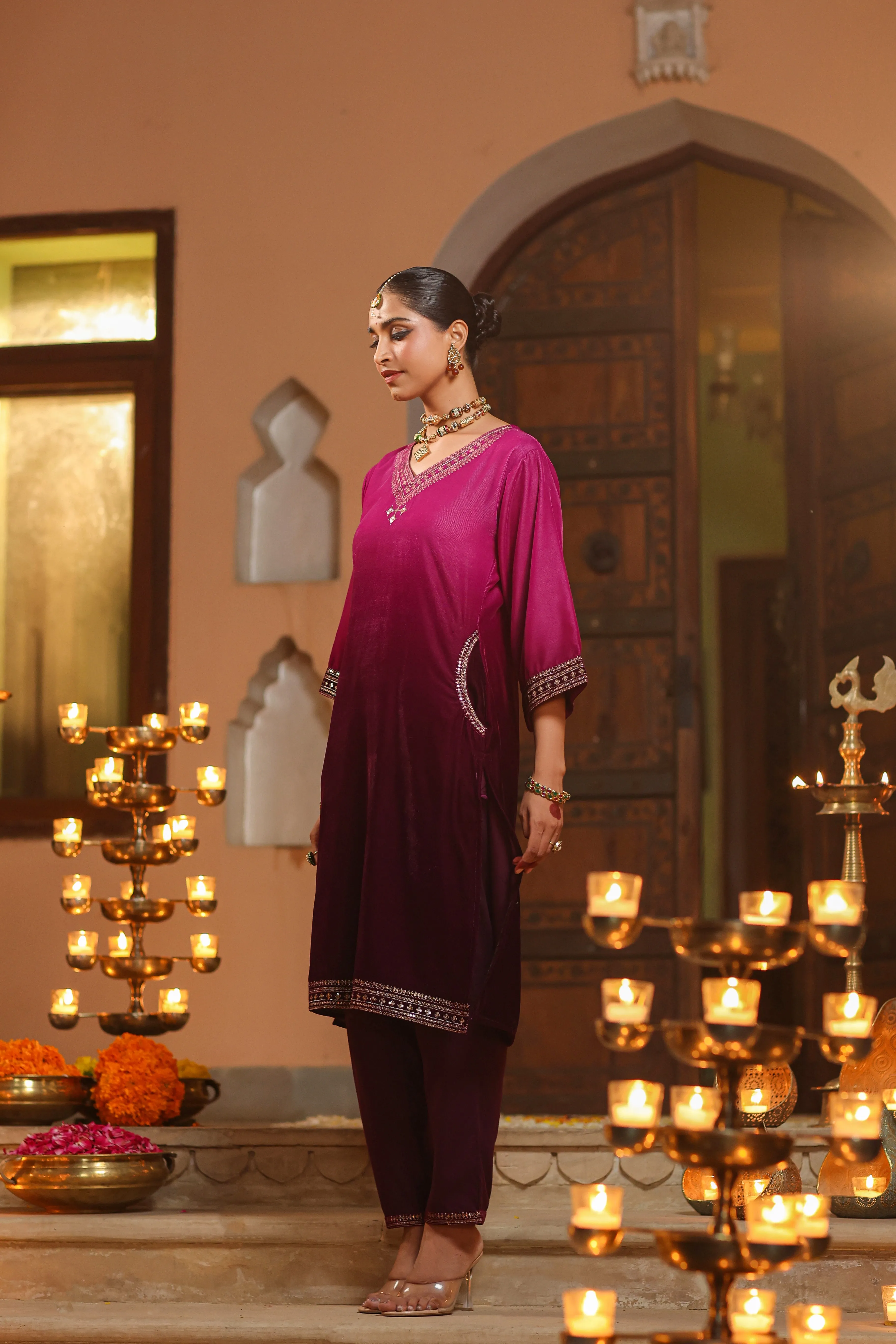 Women Purple Velvet Embroidered Kurta & Pants Set