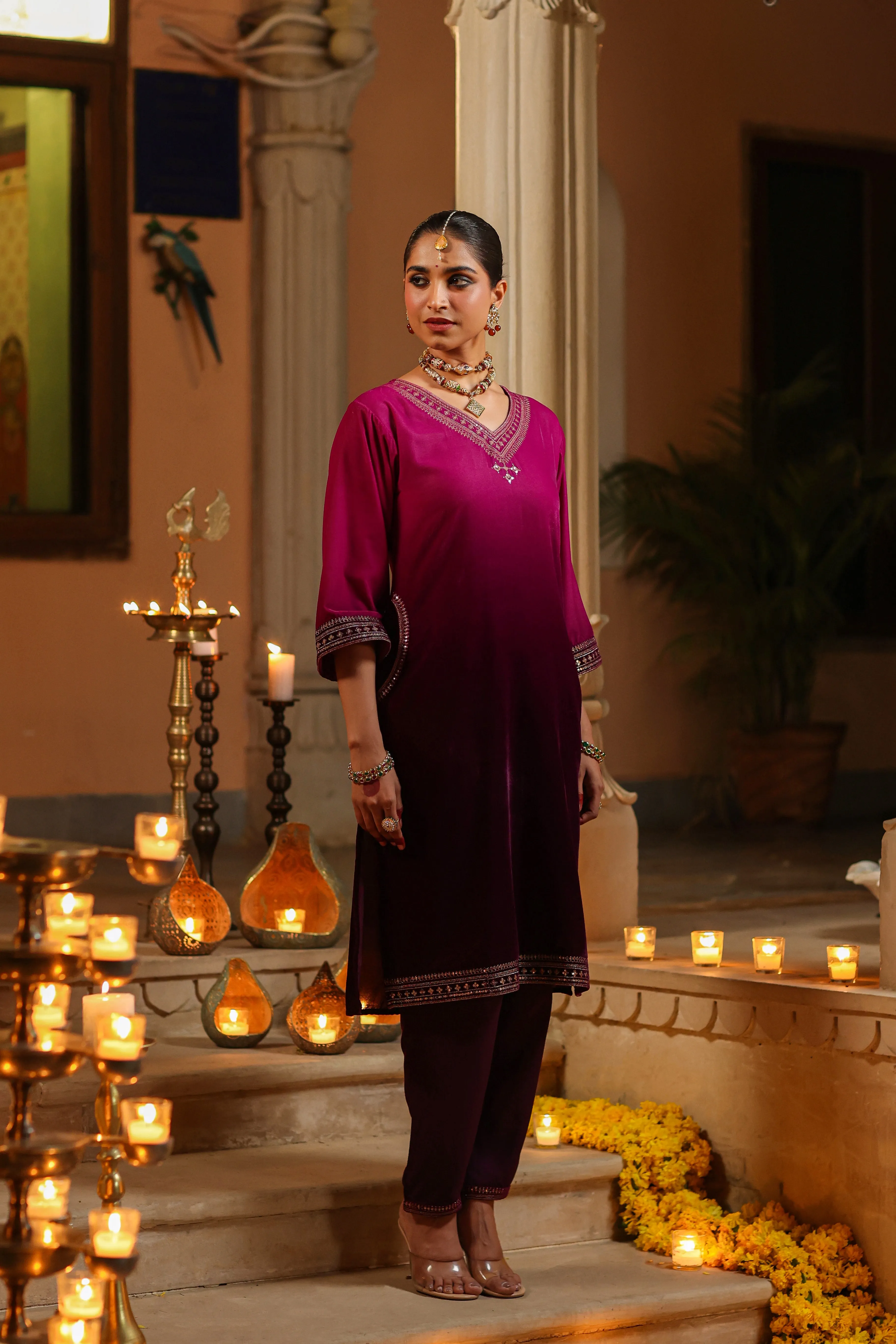 Women Purple Velvet Embroidered Kurta & Pants Set