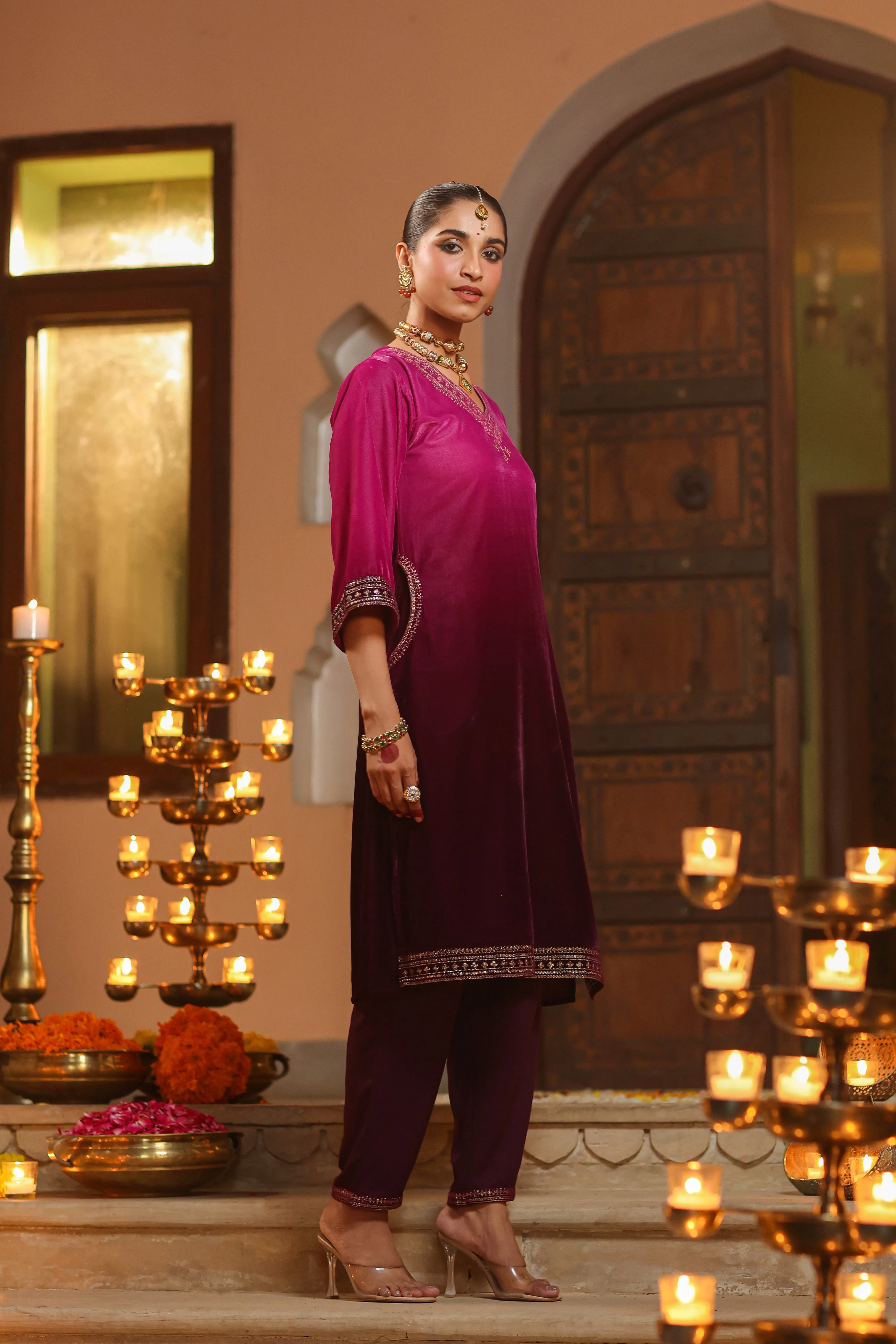 Women Purple Velvet Embroidered Kurta & Pants Set