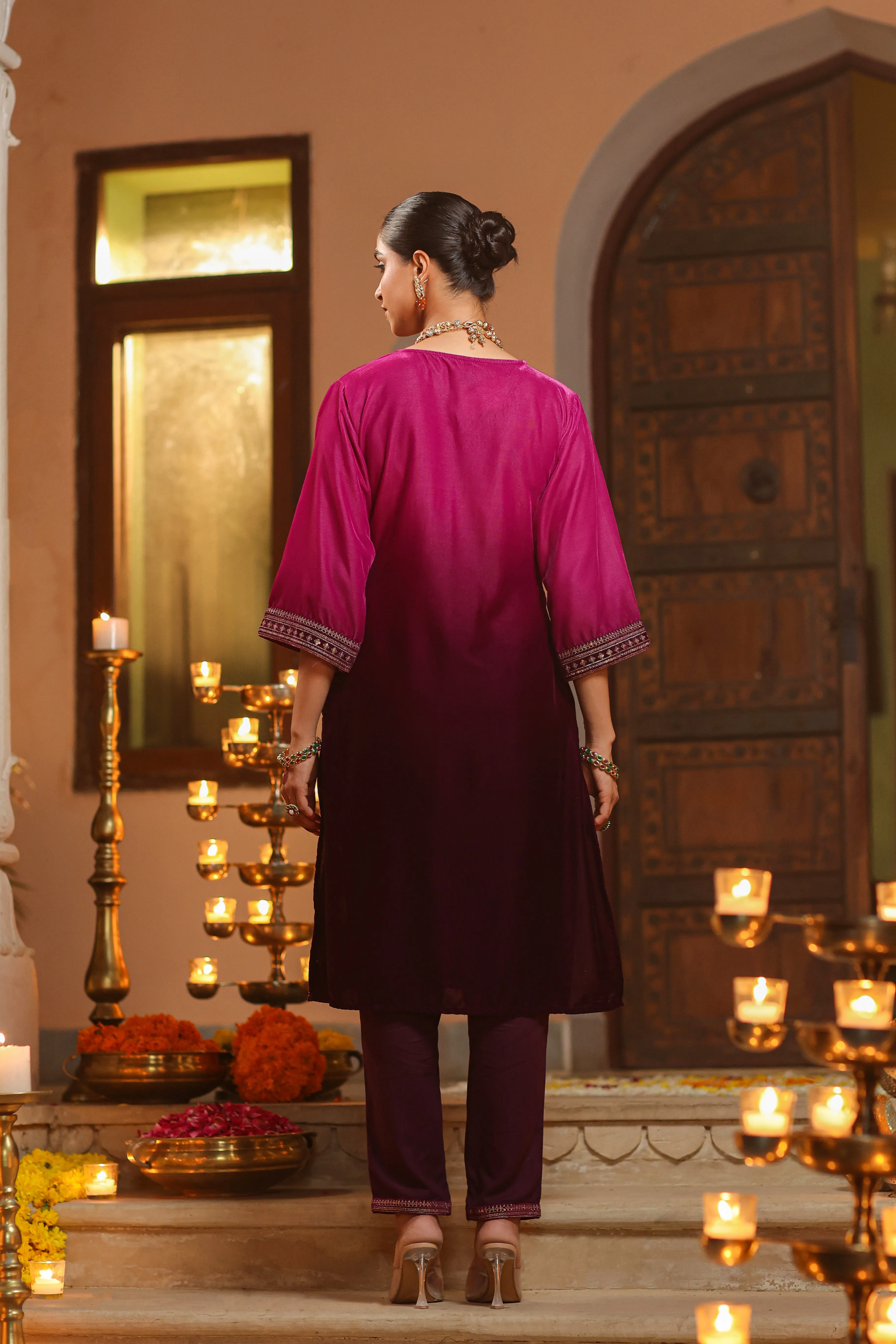 Women Purple Velvet Embroidered Kurta & Pants Set