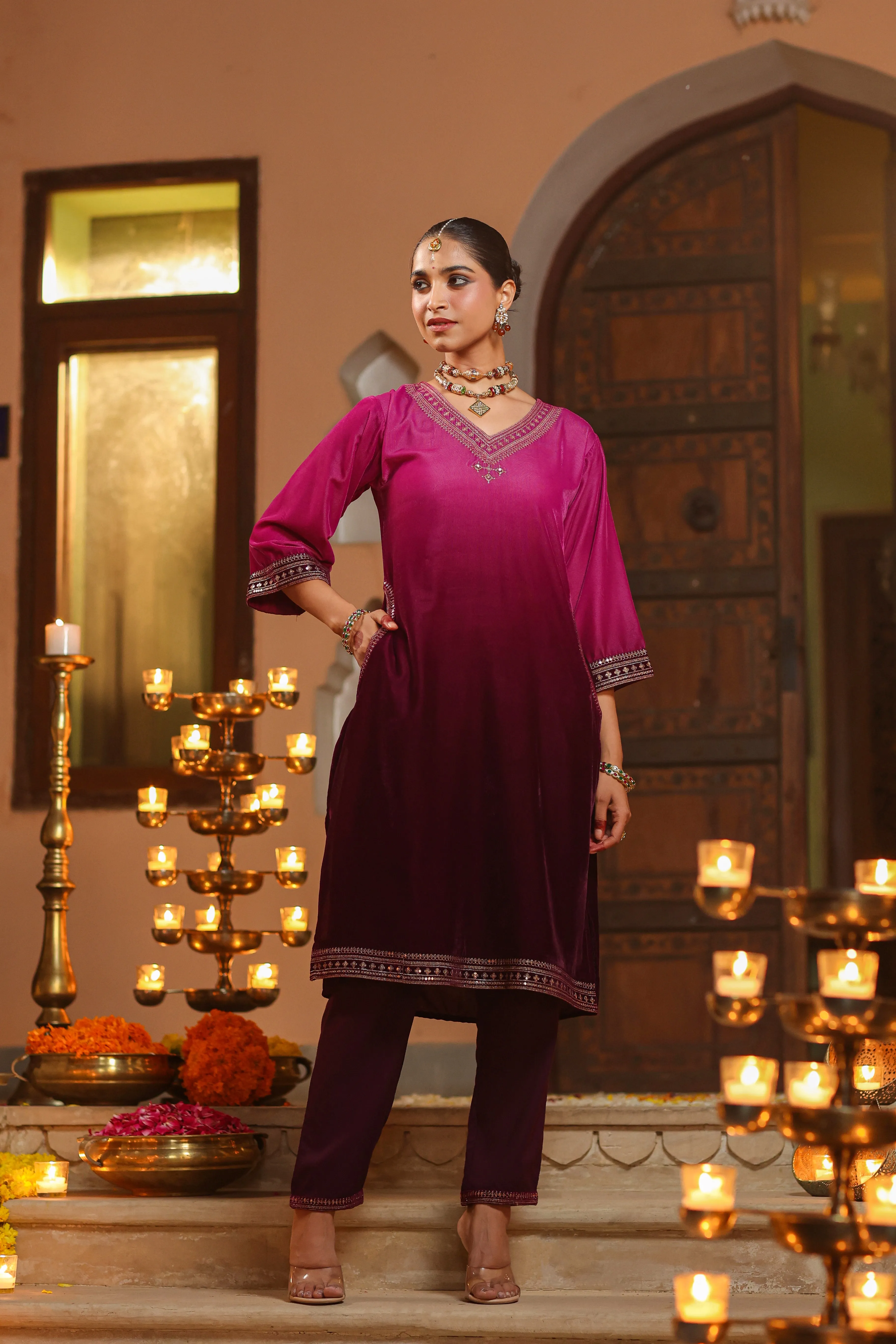 Women Purple Velvet Embroidered Kurta & Pants Set