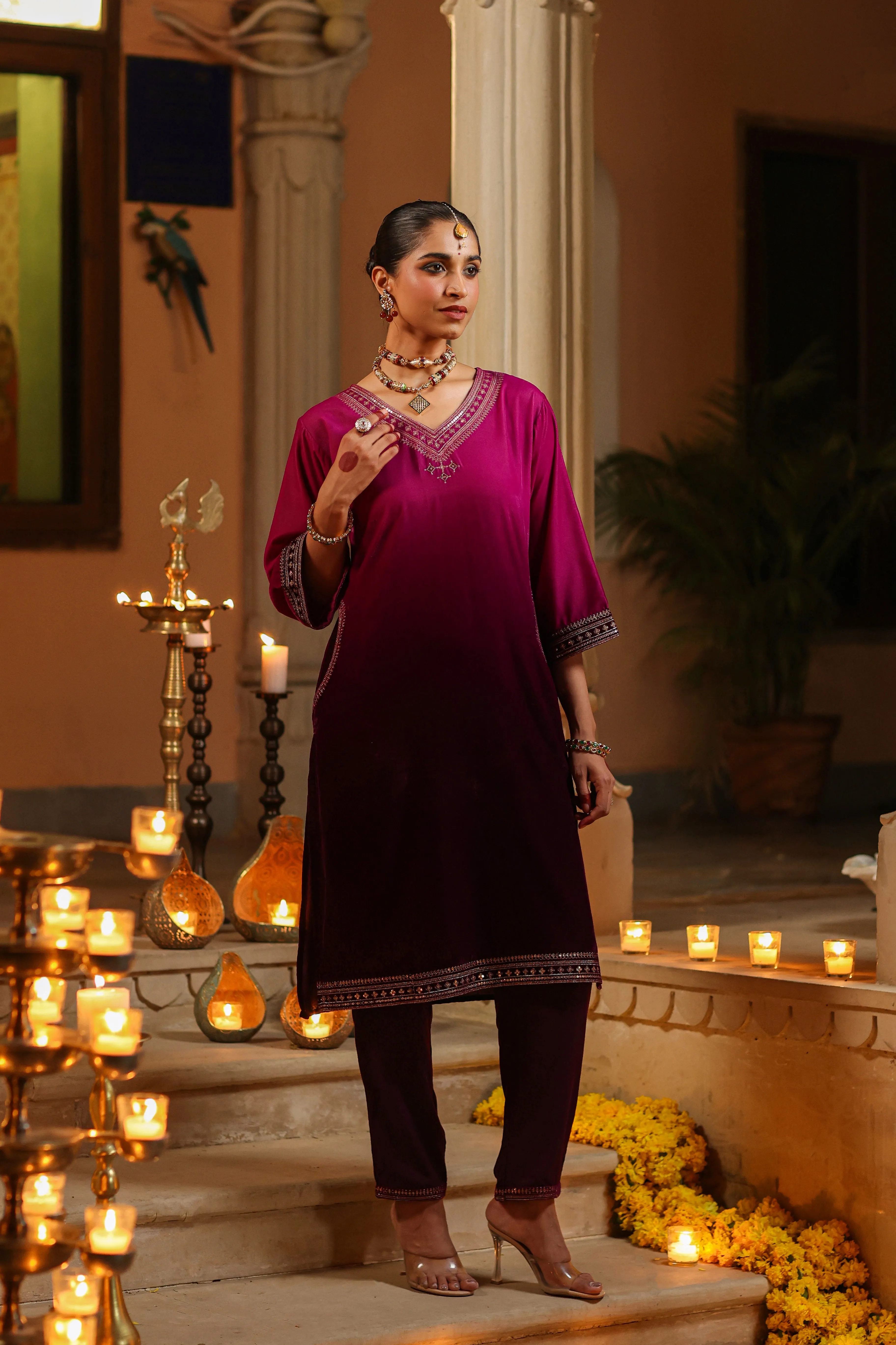 Women Purple Velvet Embroidered Kurta & Pants Set