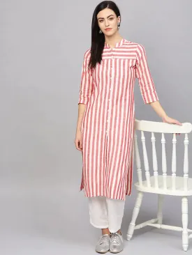 Women Red & Off-White Striped Cotton Straight Kurta