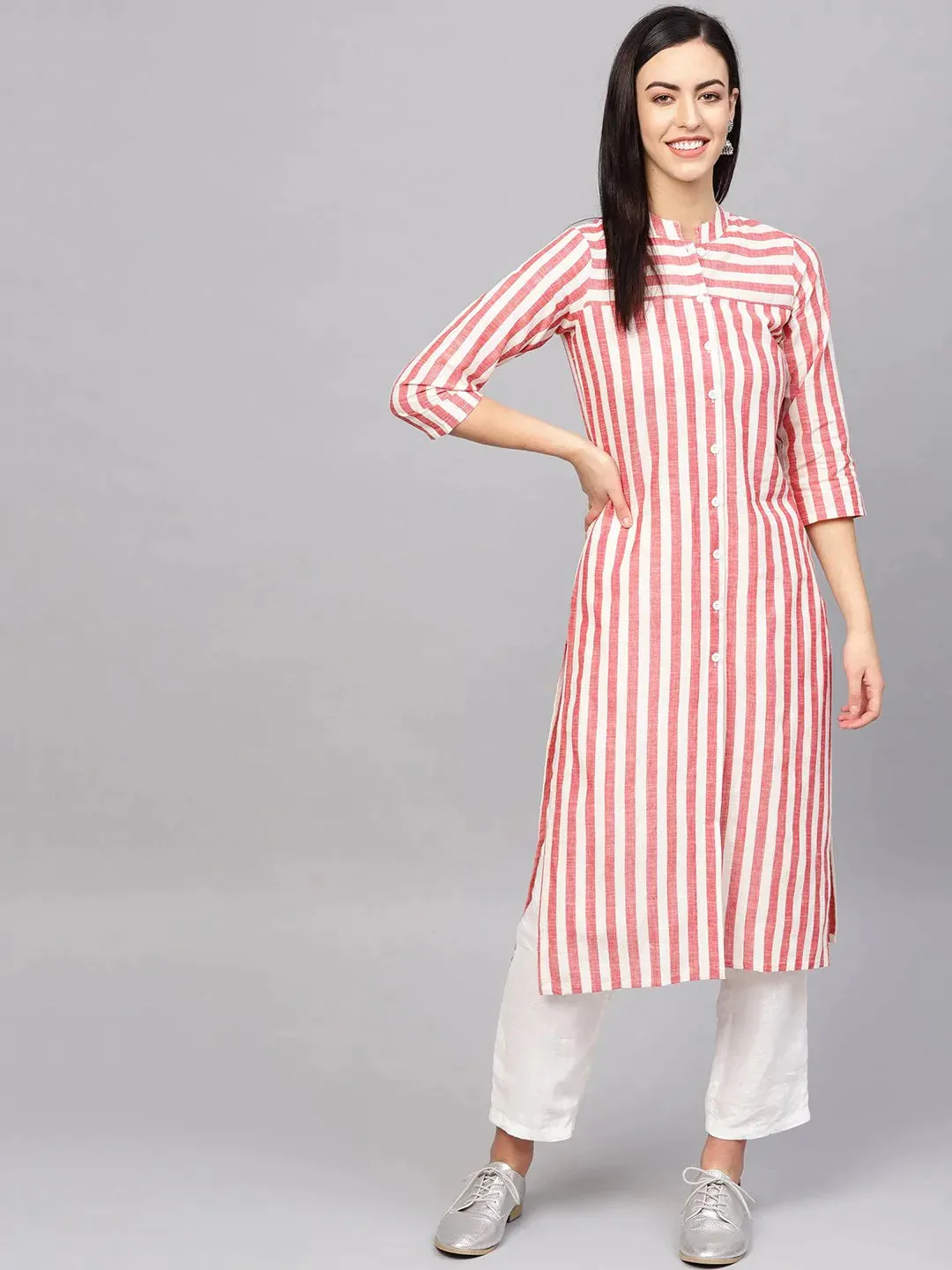 Women Red & Off-White Striped Cotton Straight Kurta