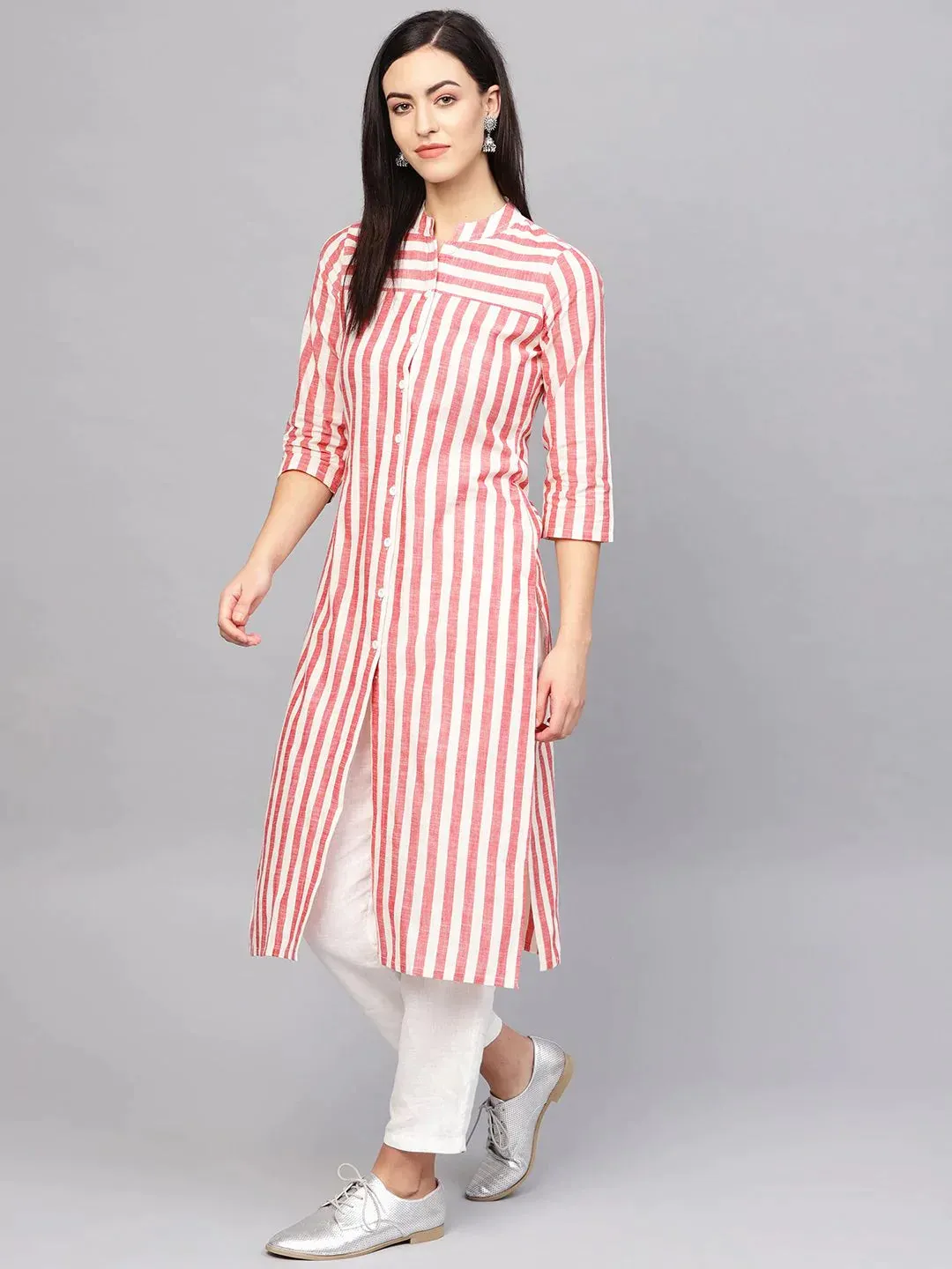 Women Red & Off-White Striped Cotton Straight Kurta