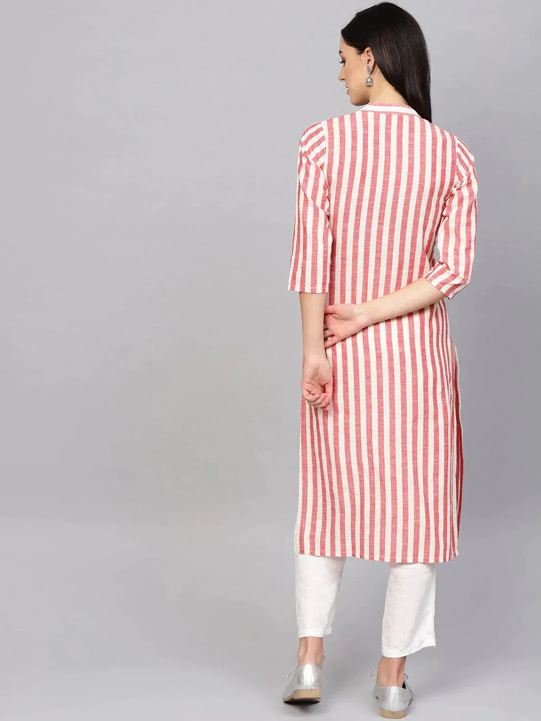 Women Red & Off-White Striped Cotton Straight Kurta