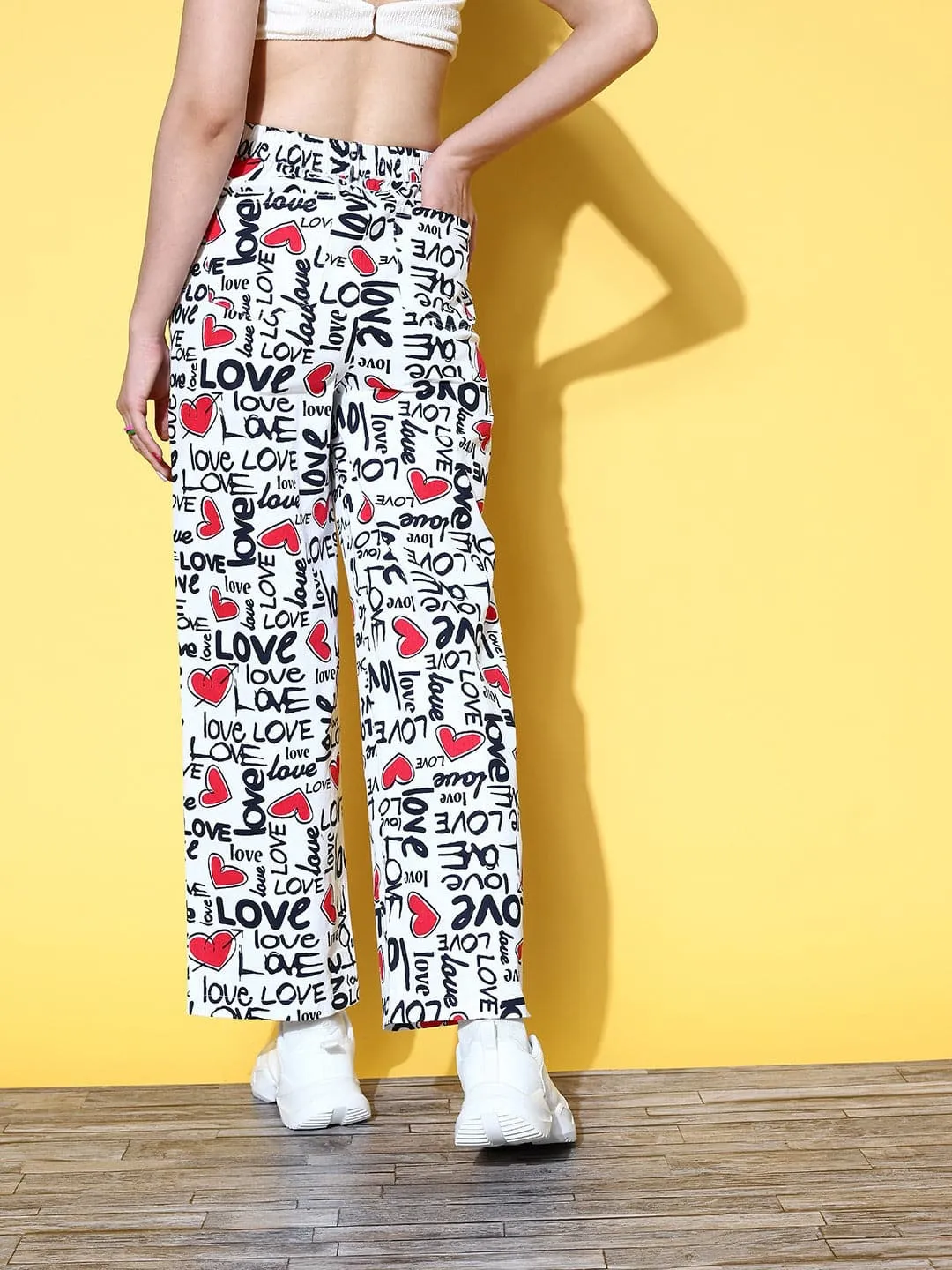 Women Red Love Heart Print Straight Pants