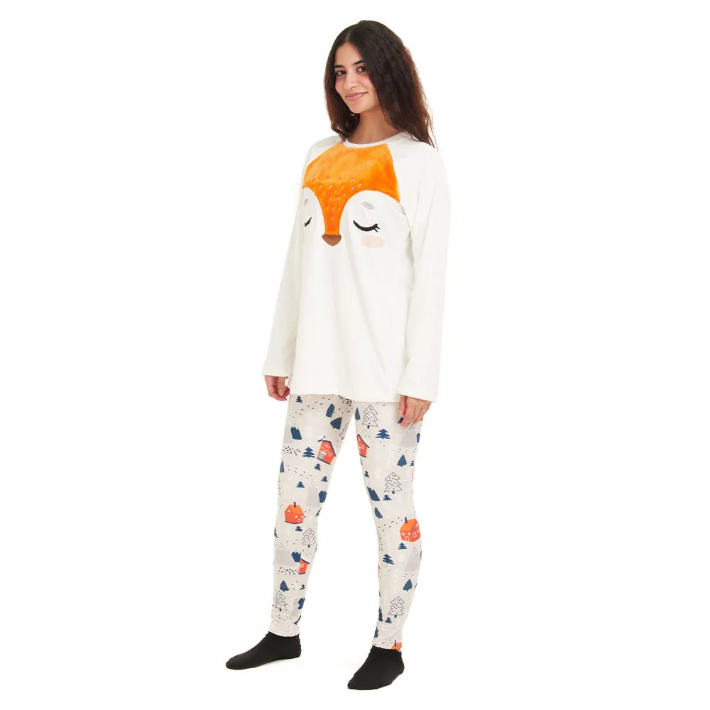 Women Winter Pajama Set Fox Off-white sweatshirt   Leggings