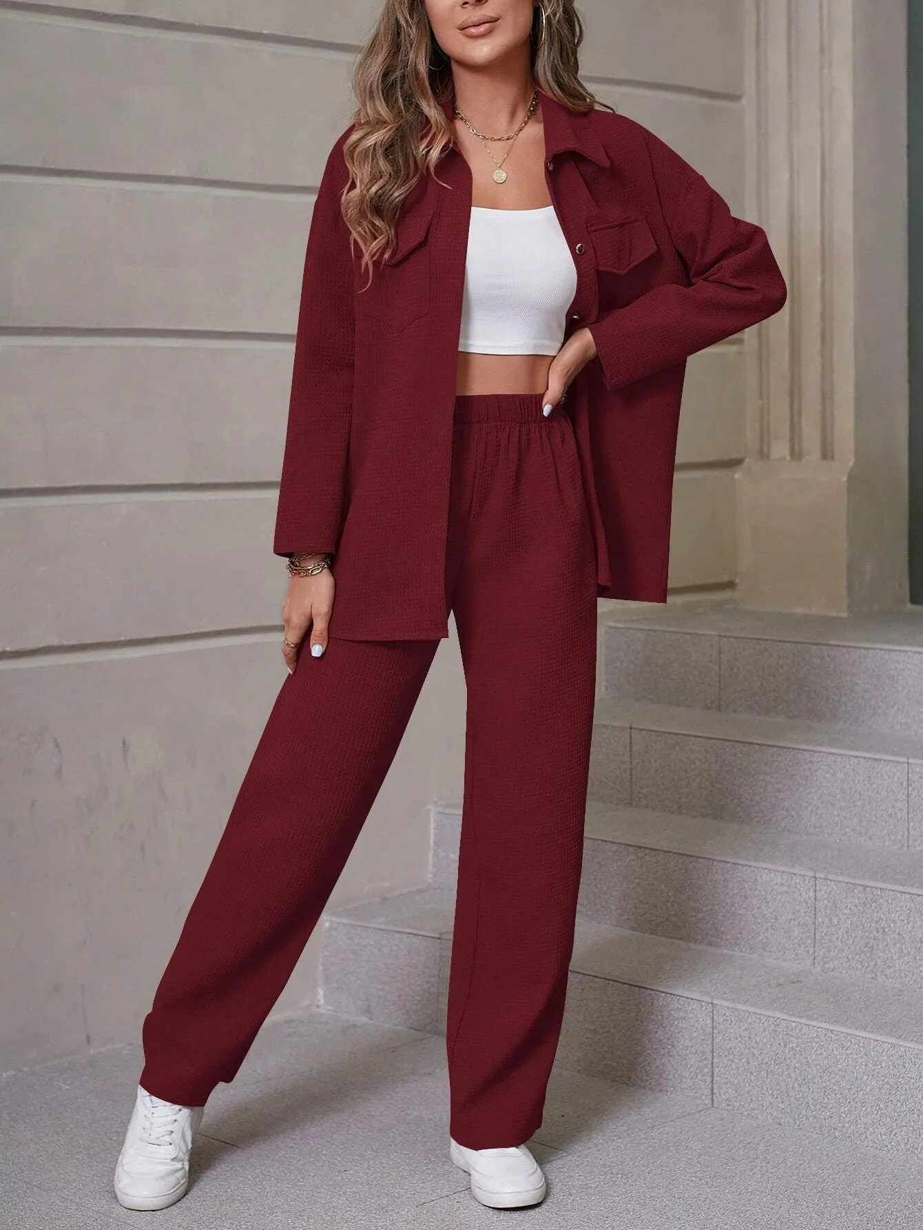 Women's Casual Shirt and Wide Leg Pants Outfit Set