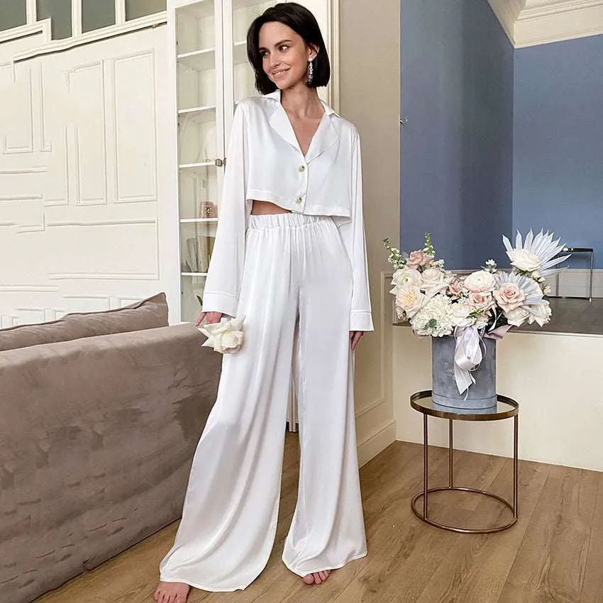 Women's Crop Top and Baggy Pants Ice Silk Pajamas Set