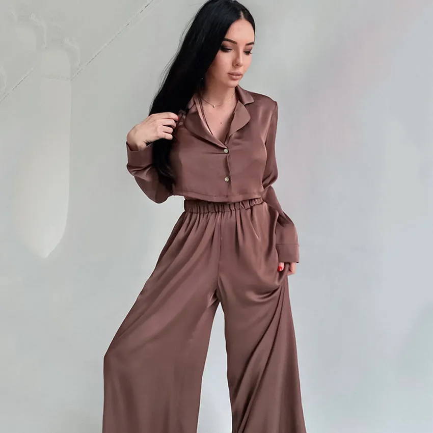 Women's Crop Top and Baggy Pants Ice Silk Pajamas Set