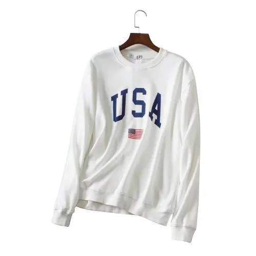 Womens Hoodies USA Long Sleeve O Neck Hoodie Letter Printed Sweatshirt Jumper Pullover Tops Autumn Winter Femme Loose White Coat (US 18W-20W)