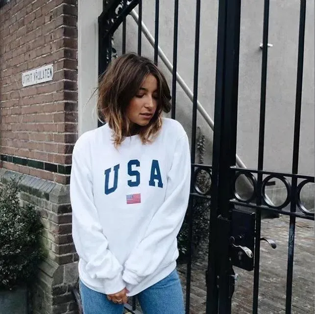 Womens Hoodies USA Long Sleeve O Neck Hoodie Letter Printed Sweatshirt Jumper Pullover Tops Autumn Winter Femme Loose White Coat (US 18W-20W)