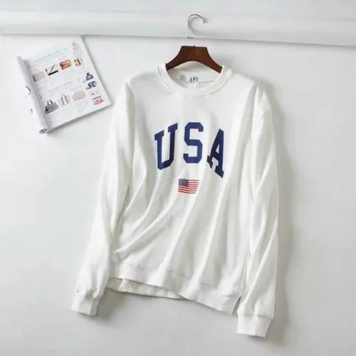 Womens Hoodies USA Long Sleeve O Neck Hoodie Letter Printed Sweatshirt Jumper Pullover Tops Autumn Winter Femme Loose White Coat (US 18W-20W)