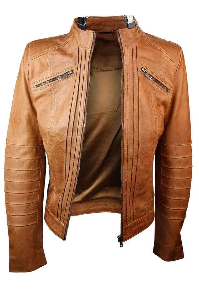 Women's Ladies Vintage Style Sheep Leather Slim Fit Biker Retro Jacket