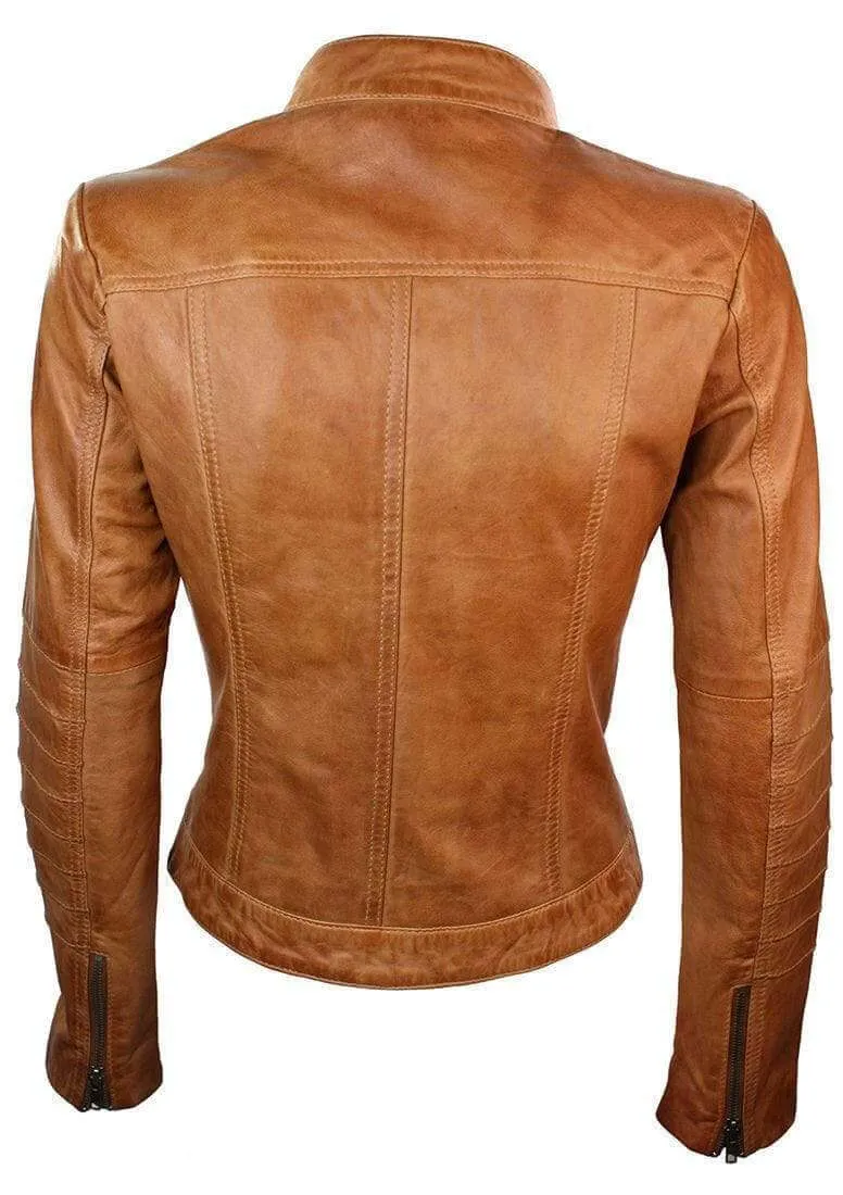 Women's Ladies Vintage Style Sheep Leather Slim Fit Biker Retro Jacket