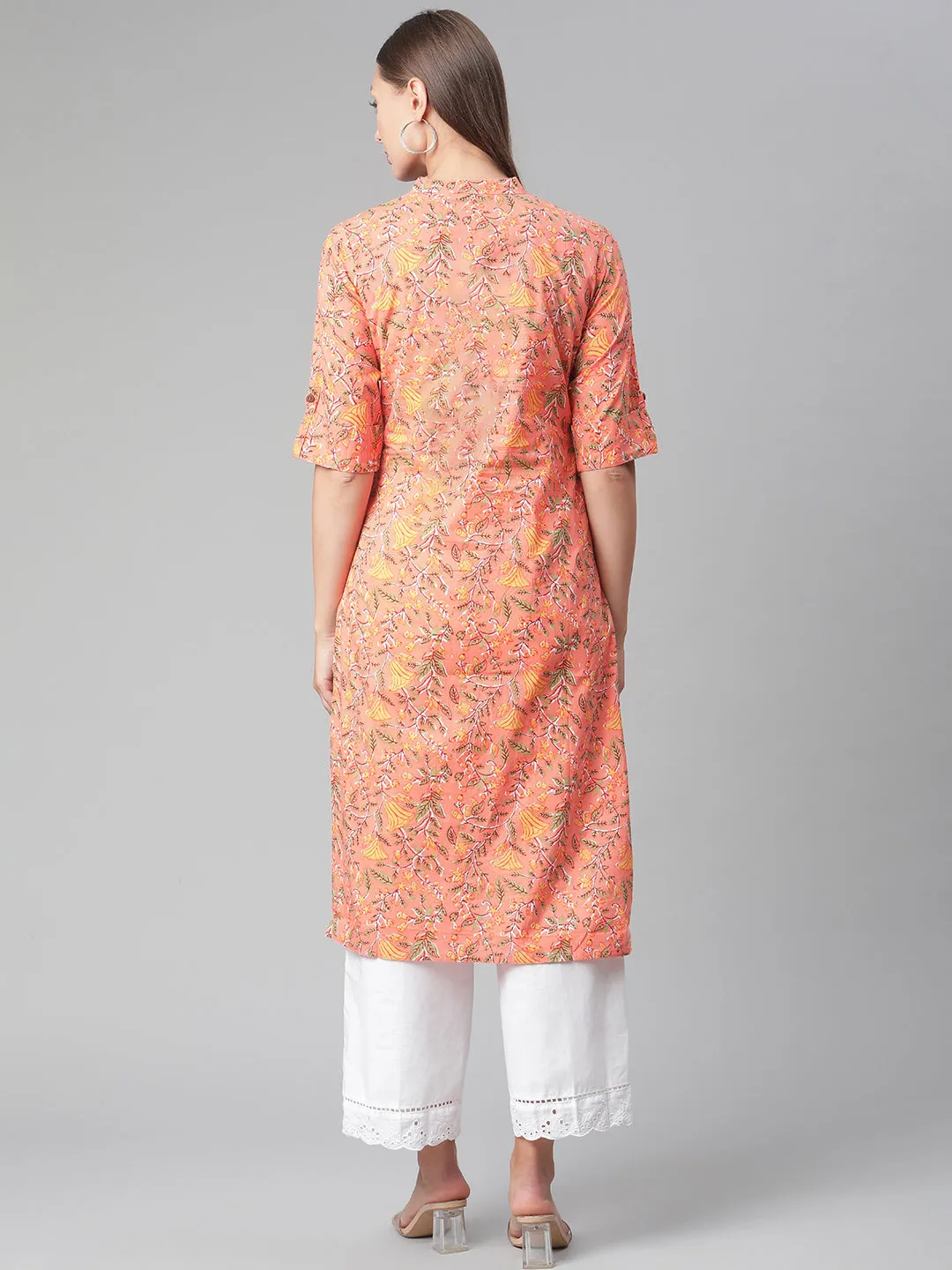 Women'S Peach Floral Print Cotton Straight  Kurta