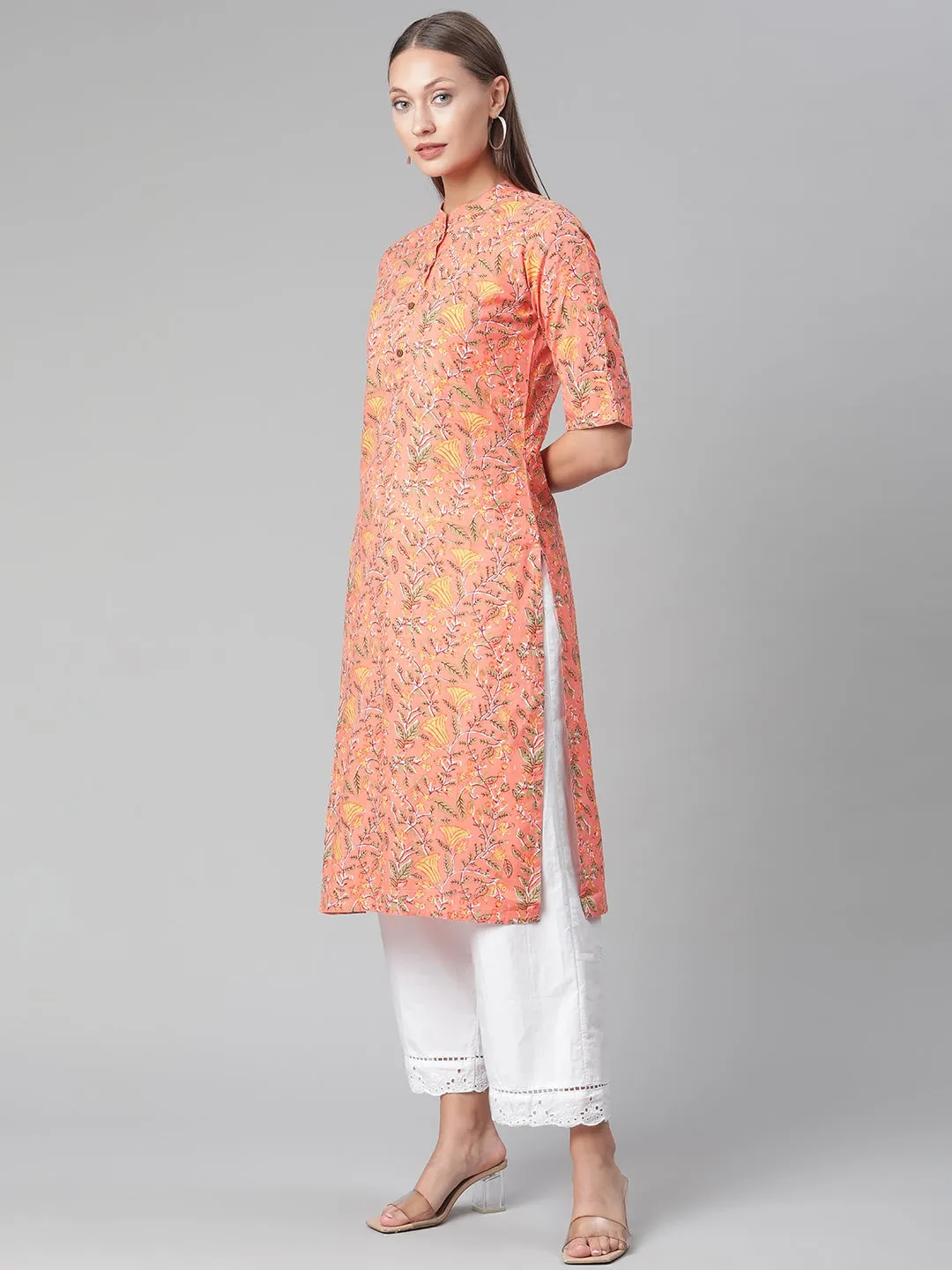 Women'S Peach Floral Print Cotton Straight  Kurta