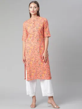 Women'S Peach Floral Print Cotton Straight  Kurta