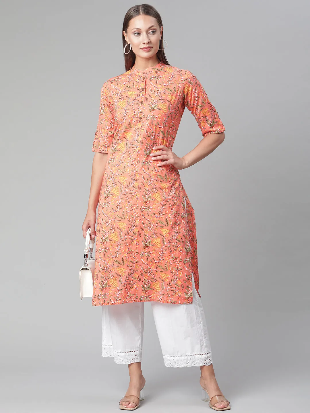 Women'S Peach Floral Print Cotton Straight  Kurta