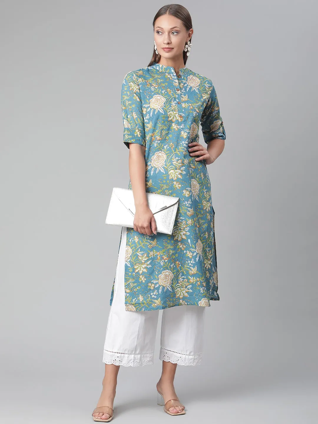 Women'S Teal  Floral Print Cotton Straight Kurta