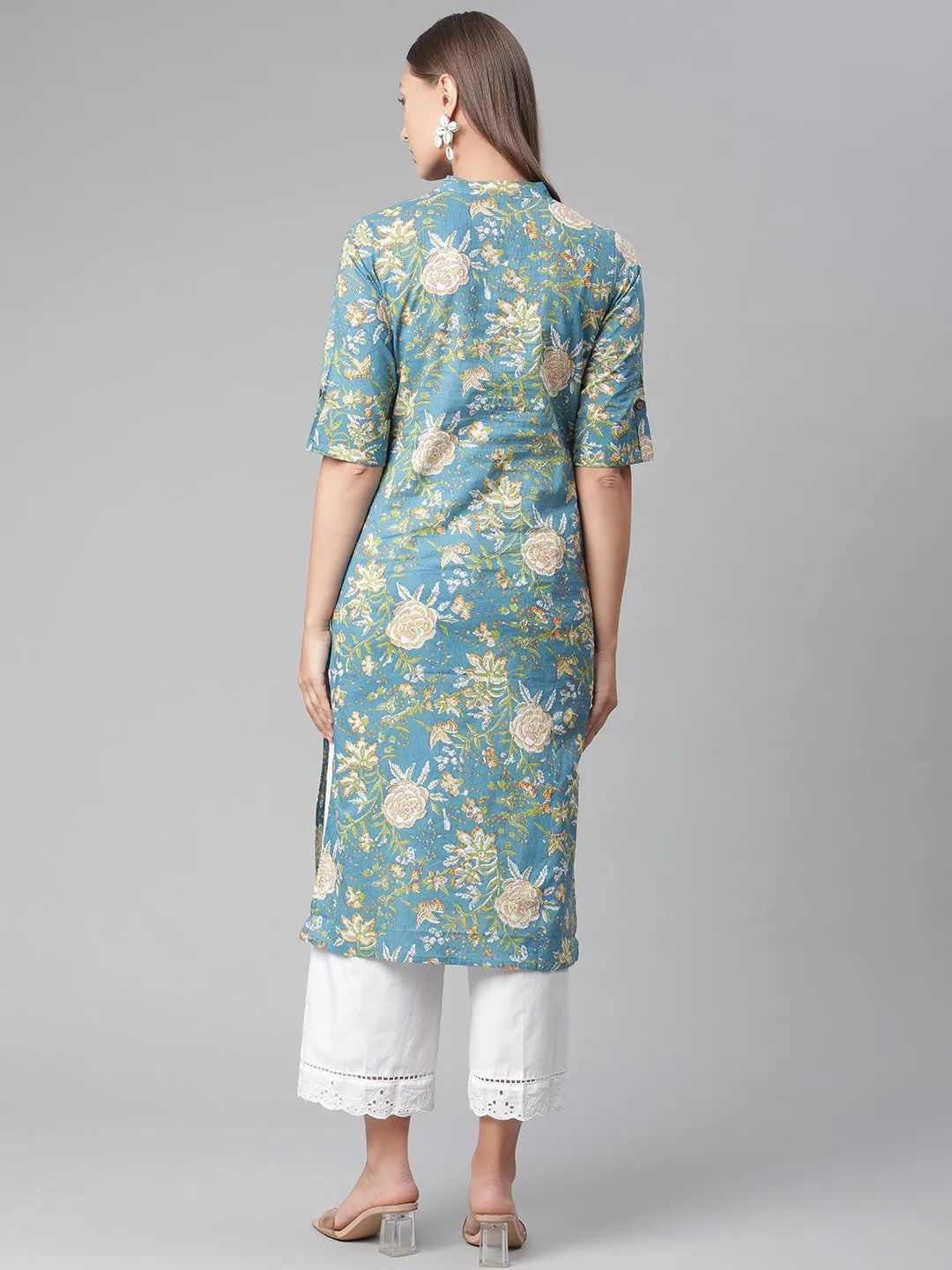 Women'S Teal  Floral Print Cotton Straight Kurta