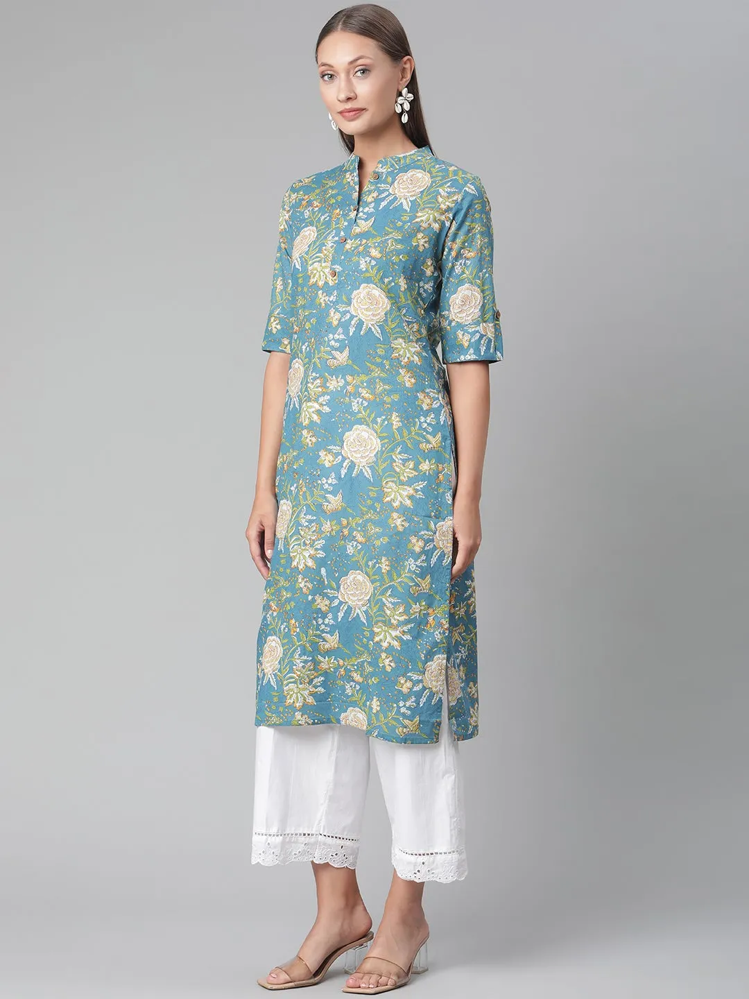 Women'S Teal  Floral Print Cotton Straight Kurta