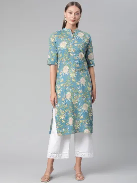 Women'S Teal  Floral Print Cotton Straight Kurta